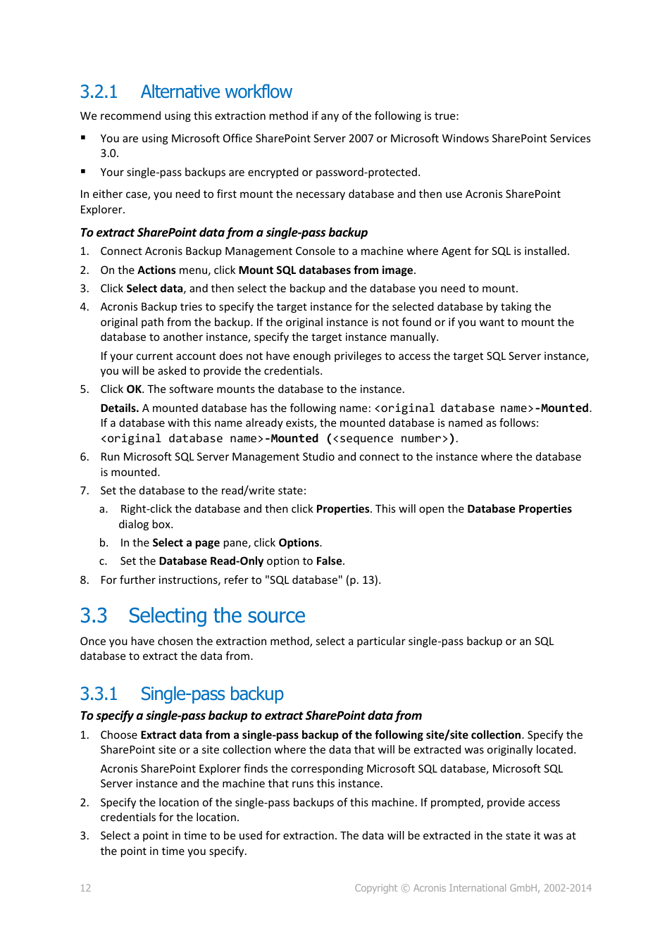 1 alternative workflow, 3 selecting the source, 1 single-pass backup | Alternative workflow, Selecting the source, Single-pass backup, P. 12) | Acronis SharePoint Explorer - User Guide User Manual | Page 12 / 18