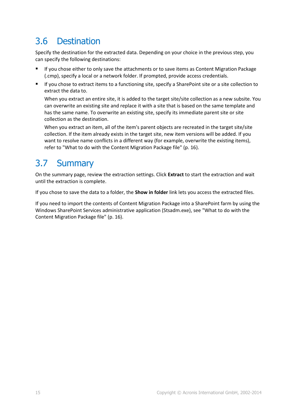 6 destination, 7 summary, Destination | Summary | Acronis SharePoint Explorer - User Guide User Manual | Page 15 / 18