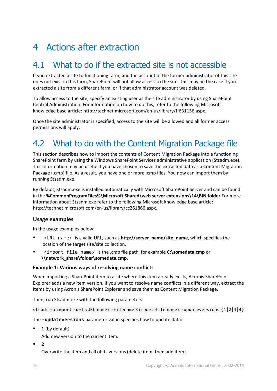 4 actions after extraction, Actions after extraction, What to do if the extracted site is not accessible | What to do with the content migration package file | Acronis SharePoint Explorer - User Guide User Manual | Page 16 / 18