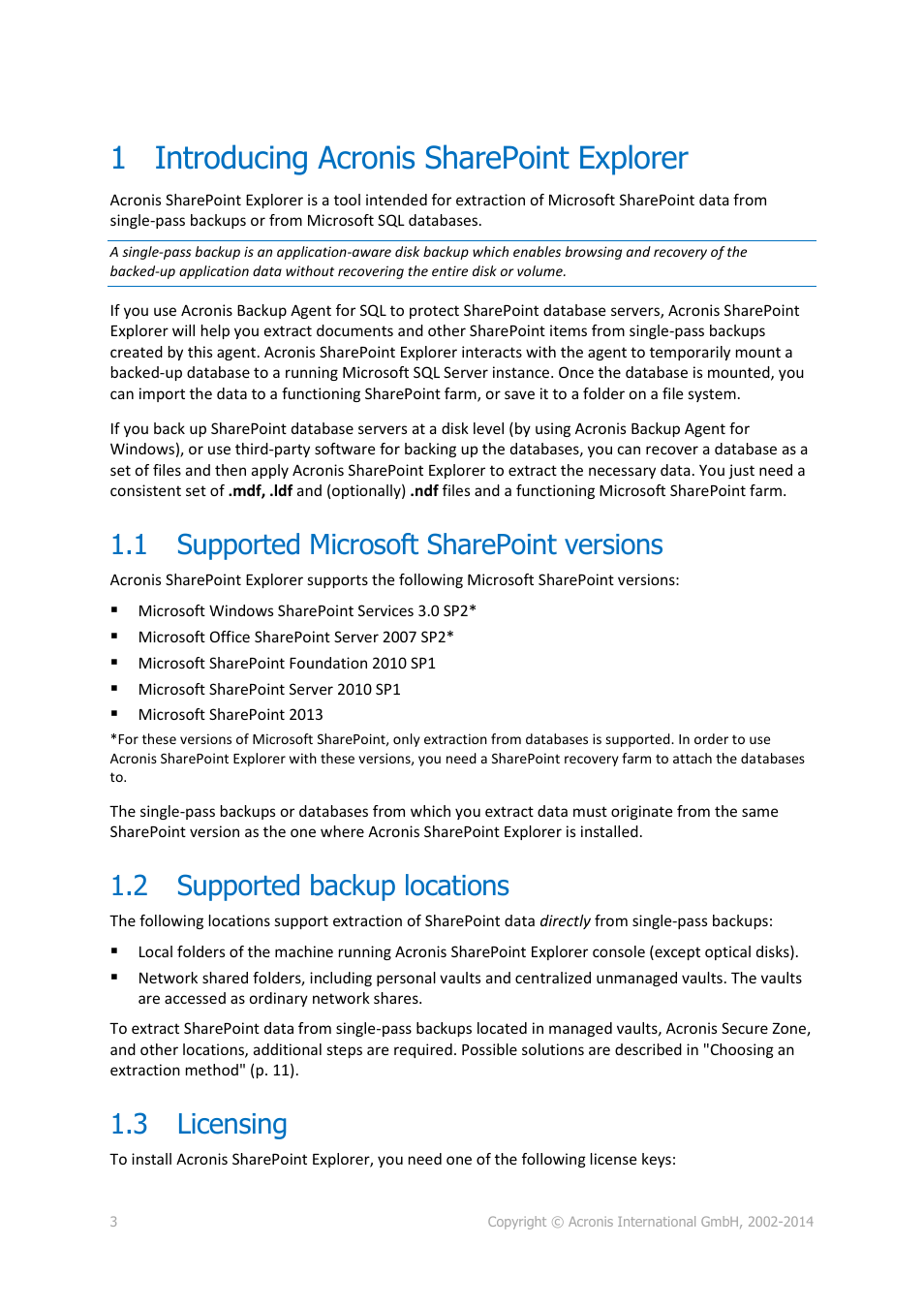 1 introducing acronis sharepoint explorer, 1 supported microsoft sharepoint versions, 2 supported backup locations | 3 licensing, Introducing acronis sharepoint explorer, Supported microsoft sharepoint versions, Supported backup locations, Licensing | Acronis SharePoint Explorer - User Guide User Manual | Page 3 / 18