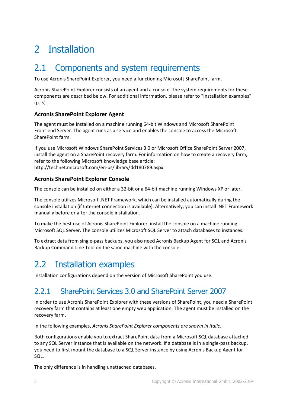 2 installation, 1 components and system requirements, 2 installation examples | Installation, Components and system requirements, Installation examples, Sharepoint services 3.0 and sharepoint server 2007 | Acronis SharePoint Explorer - User Guide User Manual | Page 5 / 18