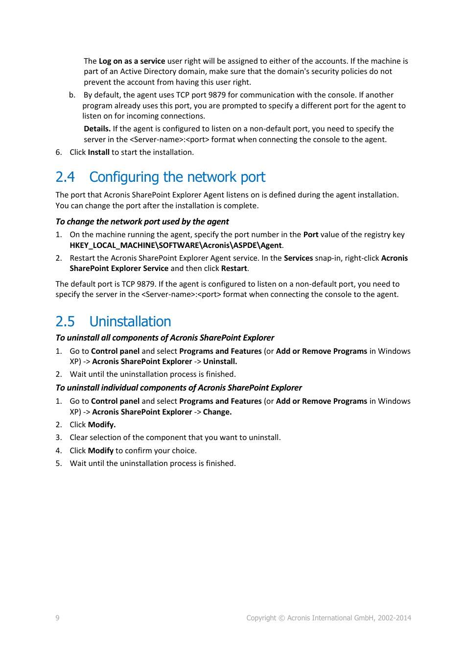 4 configuring the network port, 5 uninstallation, Configuring the network port | Uninstallation | Acronis SharePoint Explorer - User Guide User Manual | Page 9 / 18