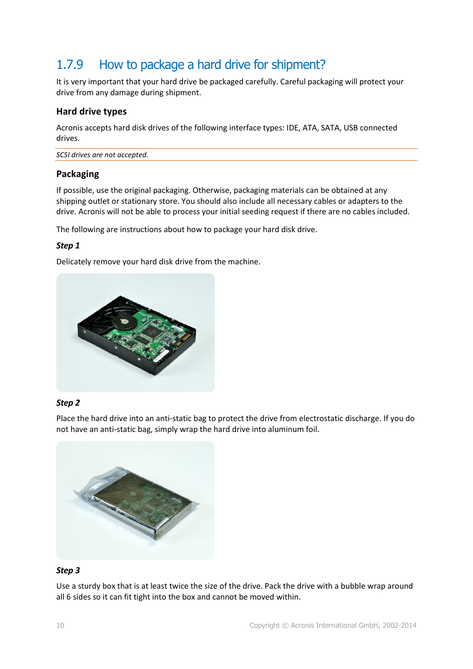 9 how to package a hard drive for shipment, How to package a hard drive for shipment | Acronis Backup Advanced (Cloud) - User Guide User Manual | Page 10 / 33