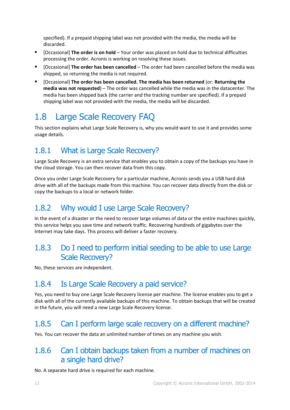 8 large scale recovery faq, 1 what is large scale recovery, 2 why would i use large scale recovery | 4 is large scale recovery a paid service, Large scale recovery faq, What is large scale recovery, Why would i use large scale recovery, Is large scale recovery a paid service | Acronis Backup Advanced (Cloud) - User Guide User Manual | Page 13 / 33