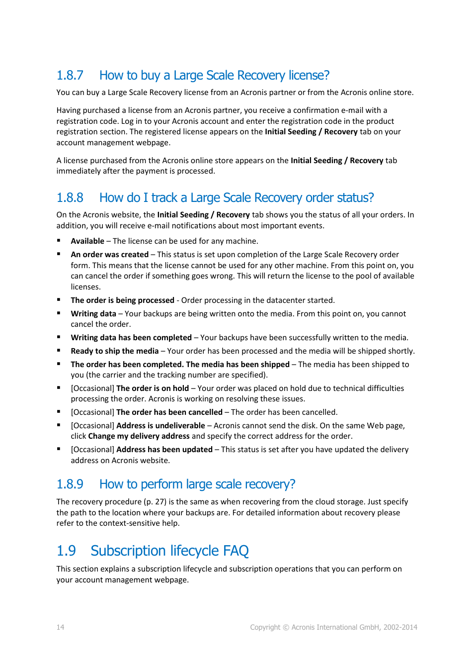 7 how to buy a large scale recovery license, 9 how to perform large scale recovery, 9 subscription lifecycle faq | How to buy a large scale recovery license, How do i track a large scale recovery order status, How to perform large scale recovery, Subscription lifecycle faq | Acronis Backup Advanced (Cloud) - User Guide User Manual | Page 14 / 33