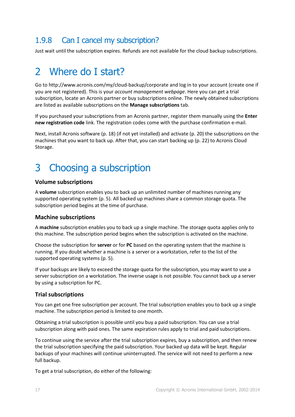 8 can i cancel my subscription, 2 where do i start, 3 choosing a subscription | Can i cancel my subscription, Where do i start, Choosing a subscription | Acronis Backup Advanced (Cloud) - User Guide User Manual | Page 17 / 33