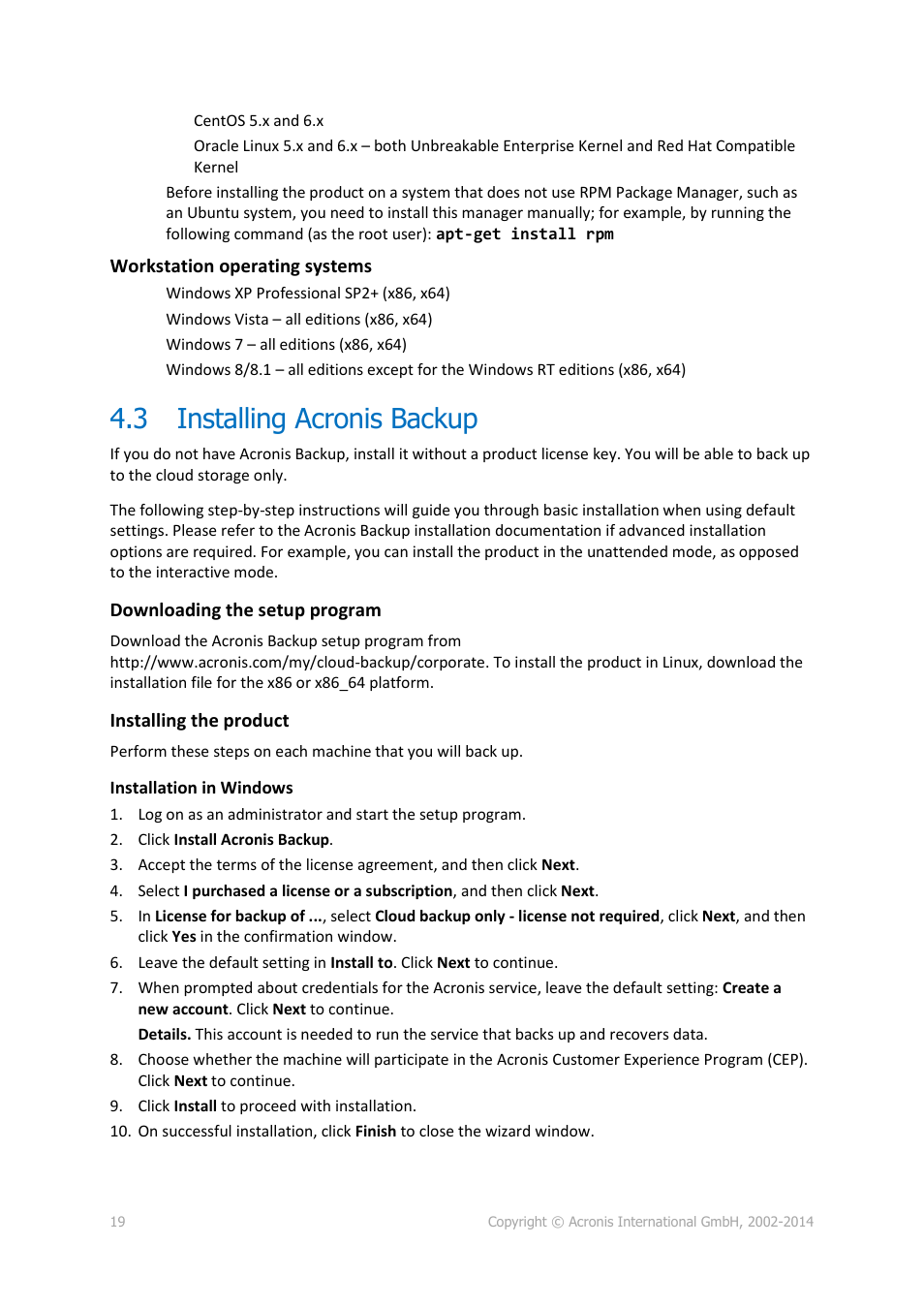 3 installing acronis backup, Installing acronis backup | Acronis Backup Advanced (Cloud) - User Guide User Manual | Page 19 / 33