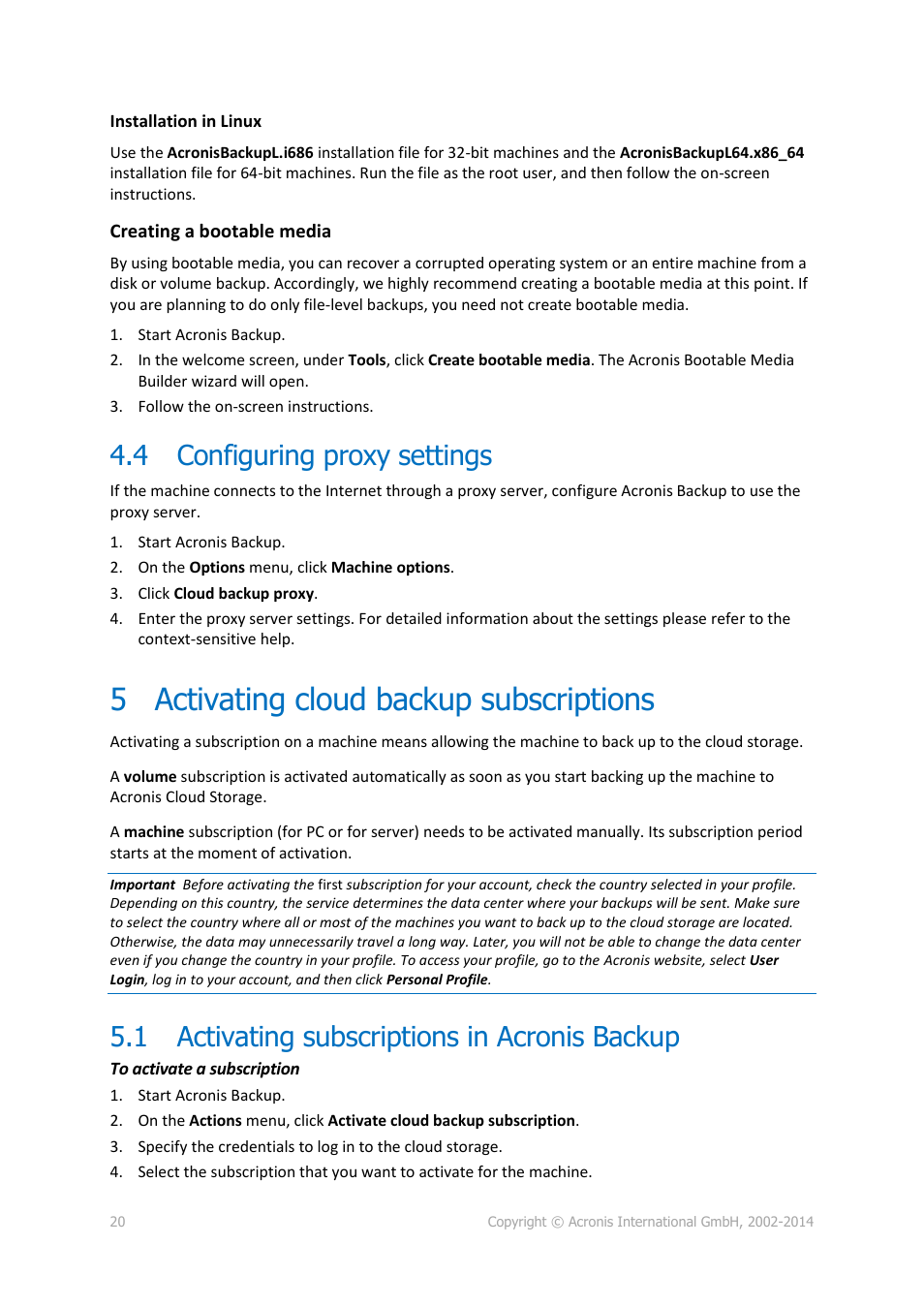 4 configuring proxy settings, 5 activating cloud backup subscriptions, 1 activating subscriptions in acronis backup | Configuring proxy settings, Activating cloud backup subscriptions, Activating subscriptions in acronis backup | Acronis Backup Advanced (Cloud) - User Guide User Manual | Page 20 / 33