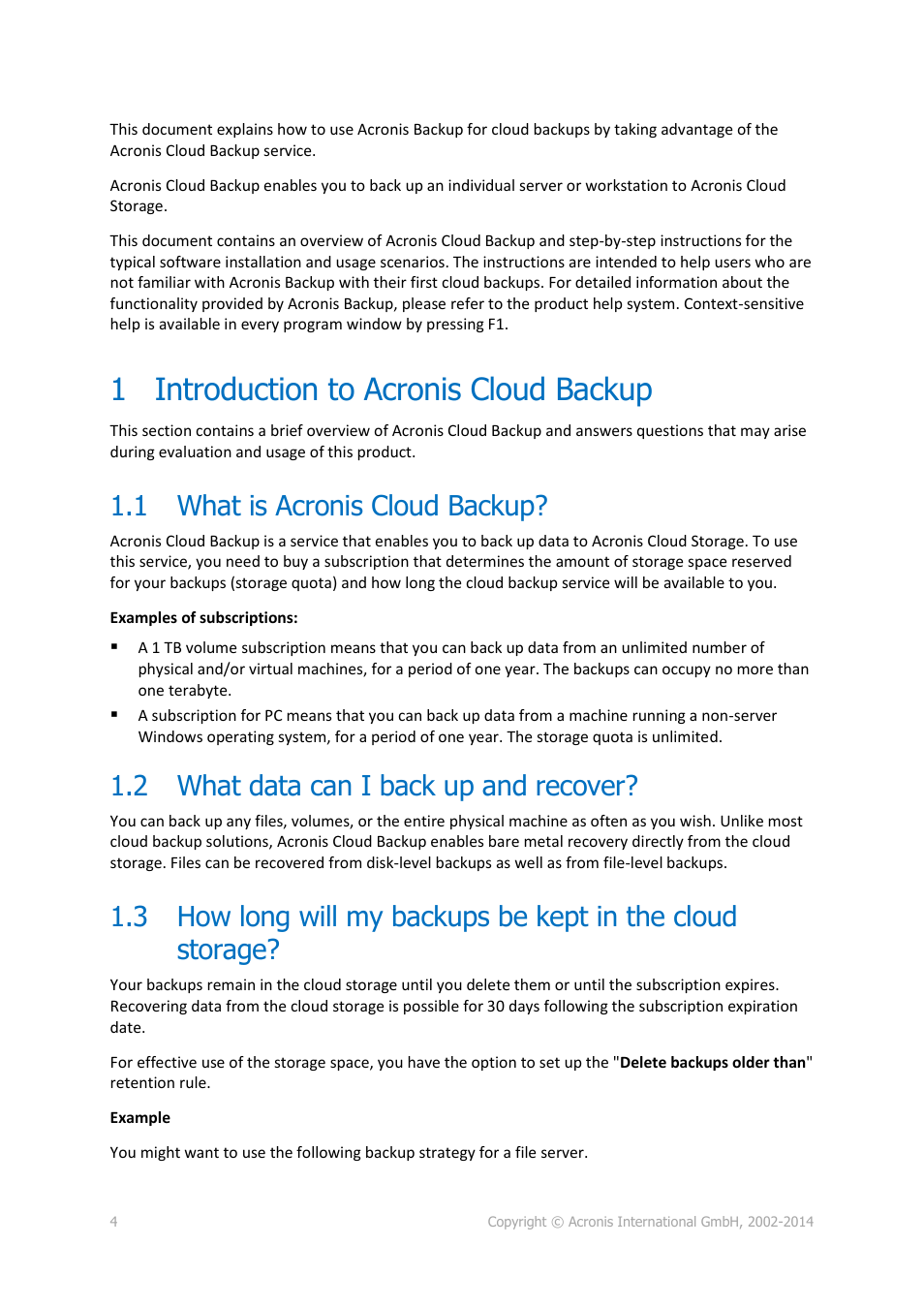 1 introduction to acronis cloud backup, 1 what is acronis cloud backup, 2 what data can i back up and recover | Introduction to acronis cloud backup, What is acronis cloud backup, What data can i back up and recover | Acronis Backup Advanced (Cloud) - User Guide User Manual | Page 4 / 33