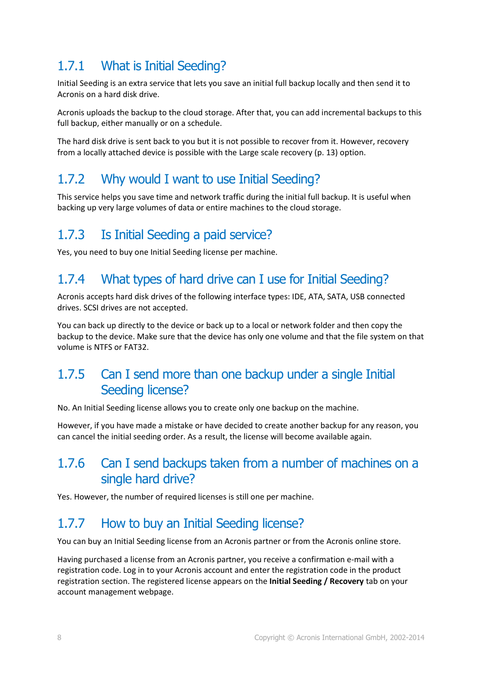 1 what is initial seeding, 2 why would i want to use initial seeding, 3 is initial seeding a paid service | 7 how to buy an initial seeding license, What is initial seeding, Why would i want to use initial seeding, Is initial seeding a paid service, How to buy an initial seeding license | Acronis Backup Advanced (Cloud) - User Guide User Manual | Page 8 / 33