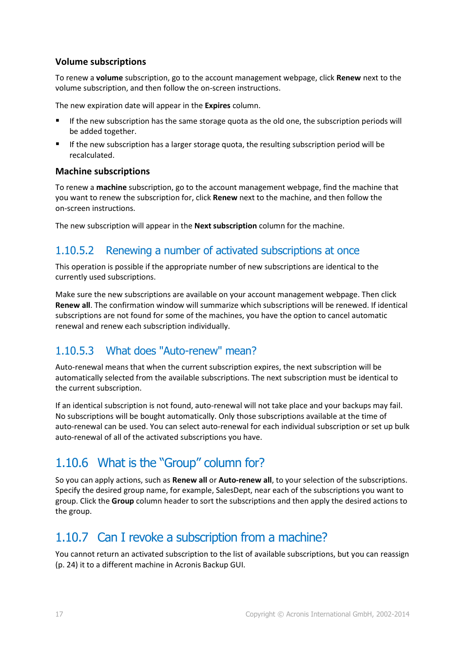 3 what does "auto-renew" mean, 6 what is the “group” column for, 7 can i revoke a subscription from a machine | Acronis Backup Advanced (Cloud) - User Guide User Manual | Page 17 / 37