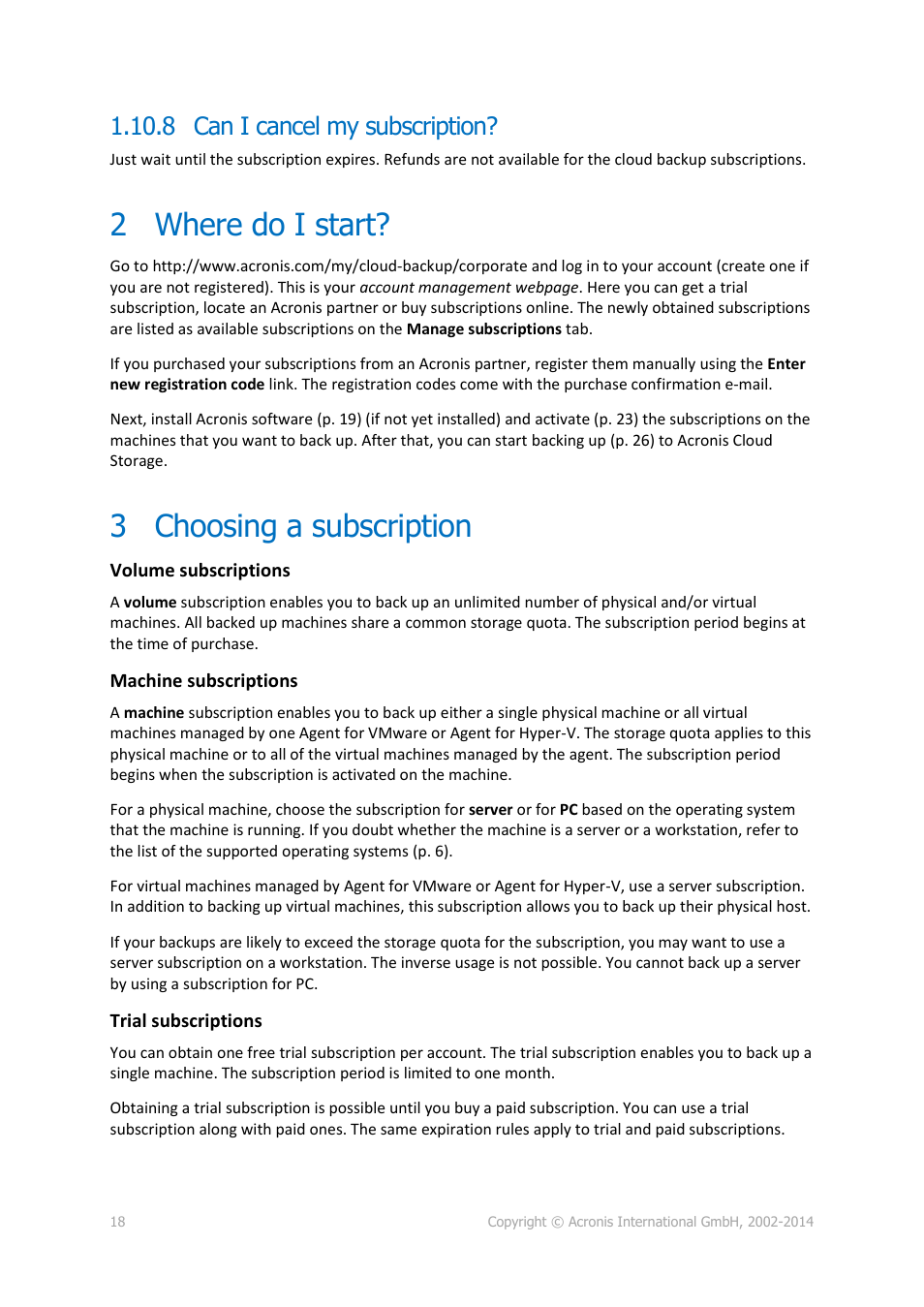 8 can i cancel my subscription, 2 where do i start, 3 choosing a subscription | Where do i start, Choosing a subscription | Acronis Backup Advanced (Cloud) - User Guide User Manual | Page 18 / 37
