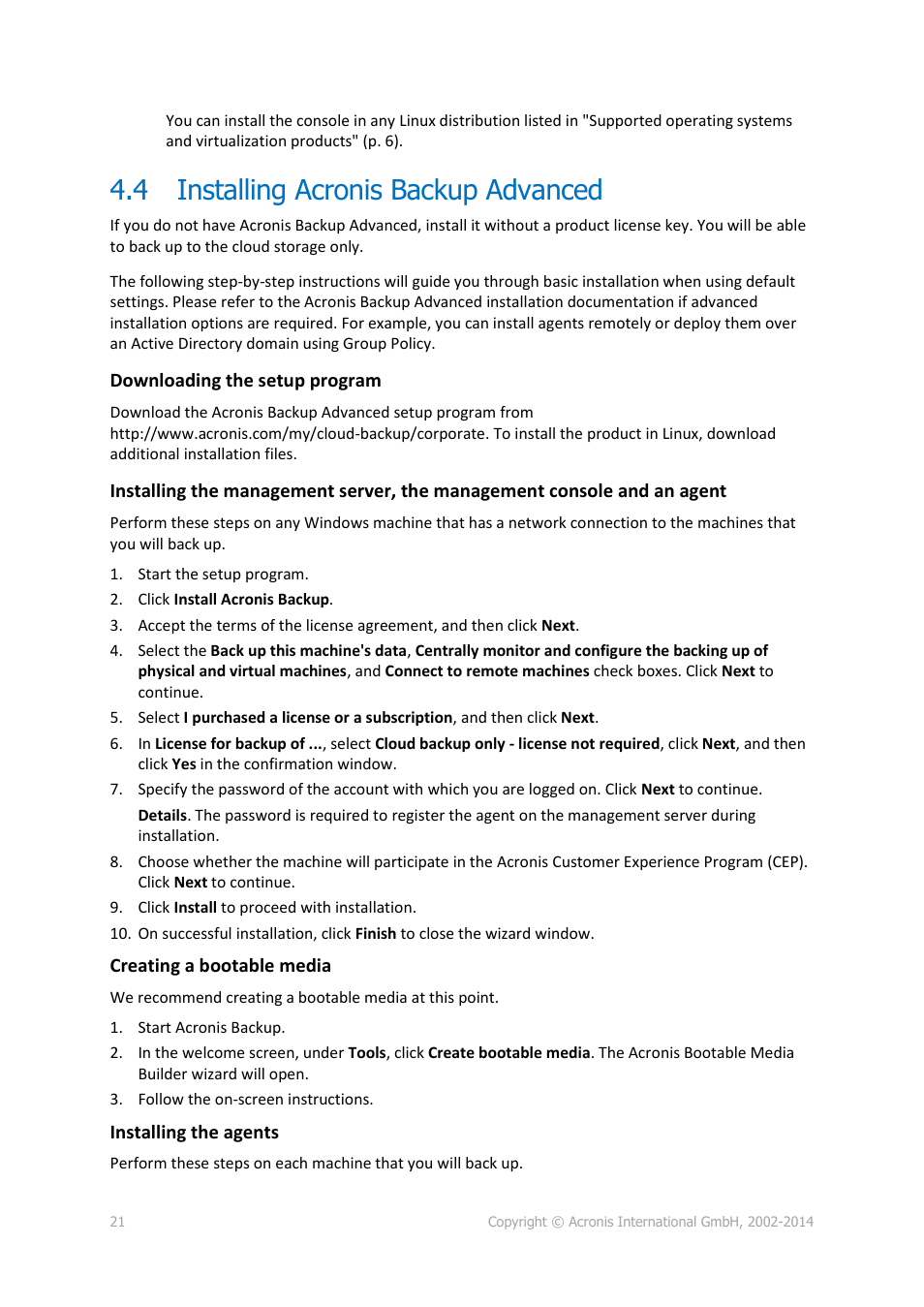 4 installing acronis backup advanced, Installing acronis backup advanced | Acronis Backup Advanced (Cloud) - User Guide User Manual | Page 21 / 37