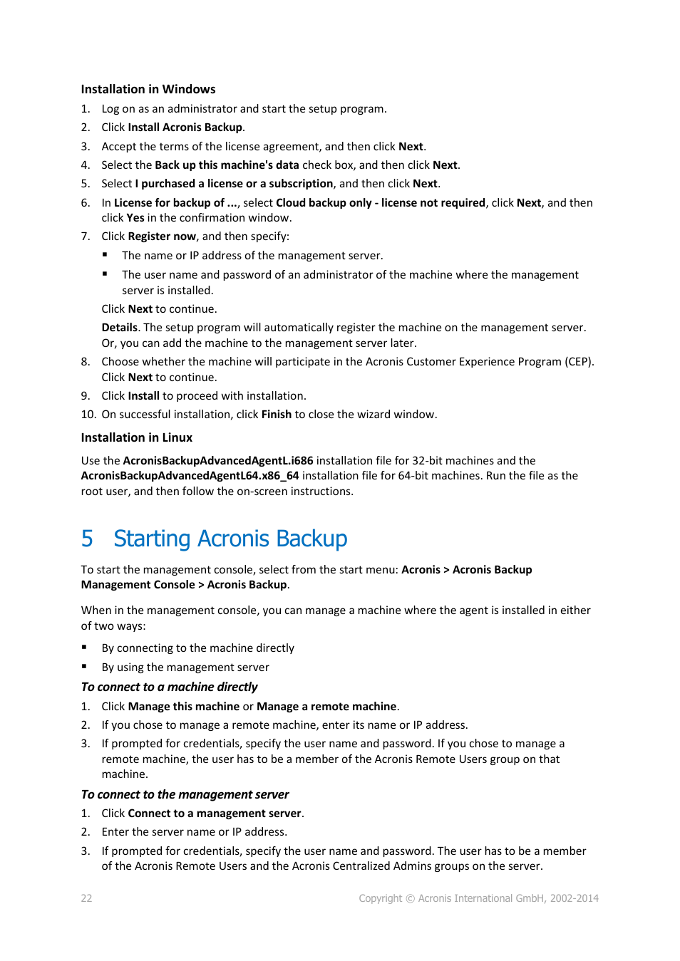 5 starting acronis backup, Starting acronis backup | Acronis Backup Advanced (Cloud) - User Guide User Manual | Page 22 / 37