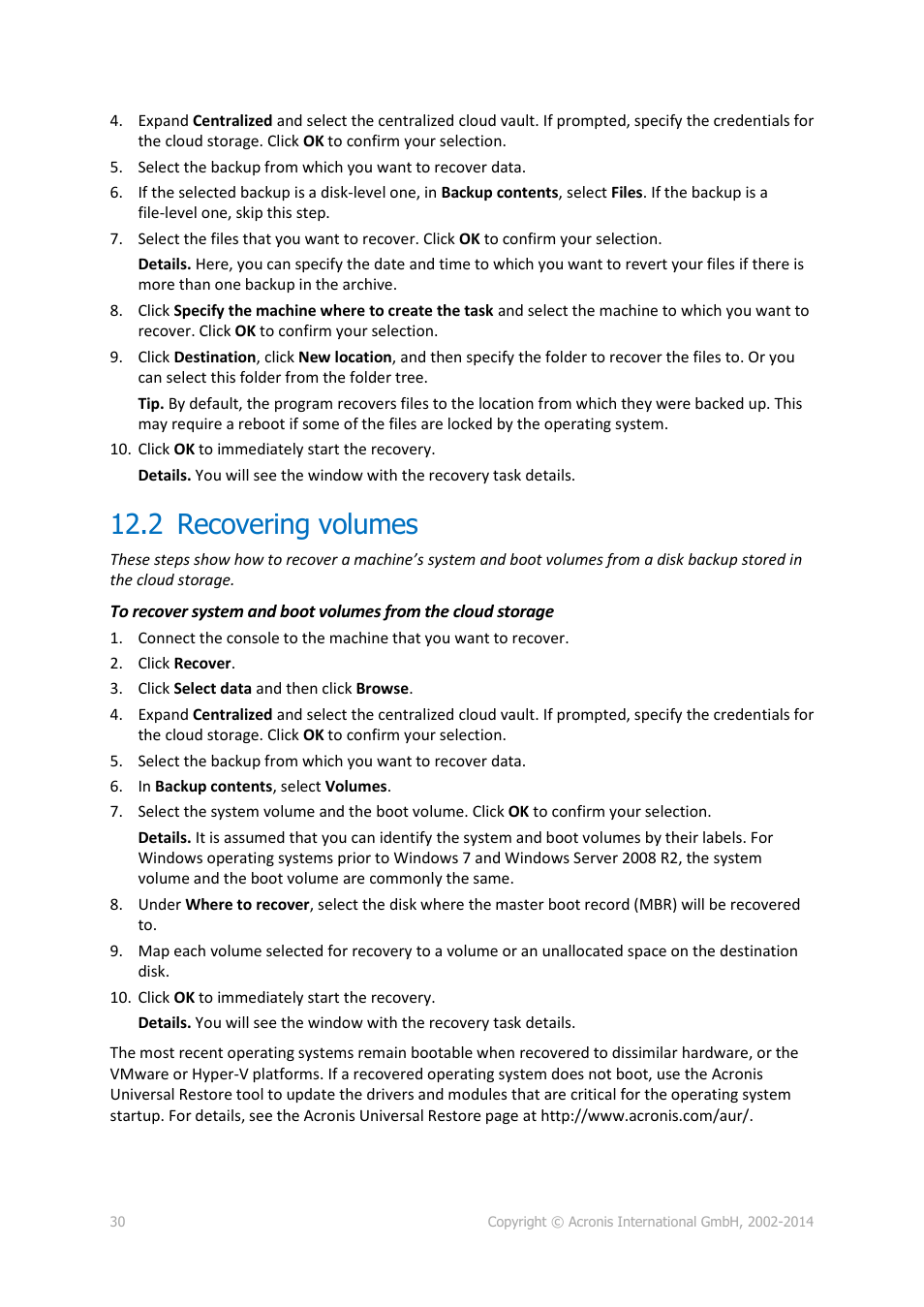 2 recovering volumes, Recovering volumes | Acronis Backup Advanced (Cloud) - User Guide User Manual | Page 30 / 37