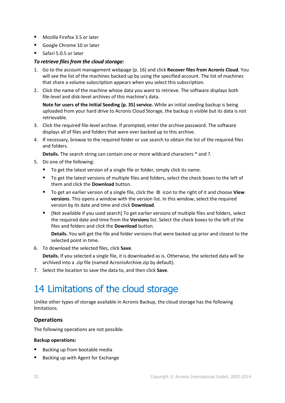 14 limitations of the cloud storage, Limitations of the cloud storage | Acronis Backup Advanced (Cloud) - User Guide User Manual | Page 32 / 37