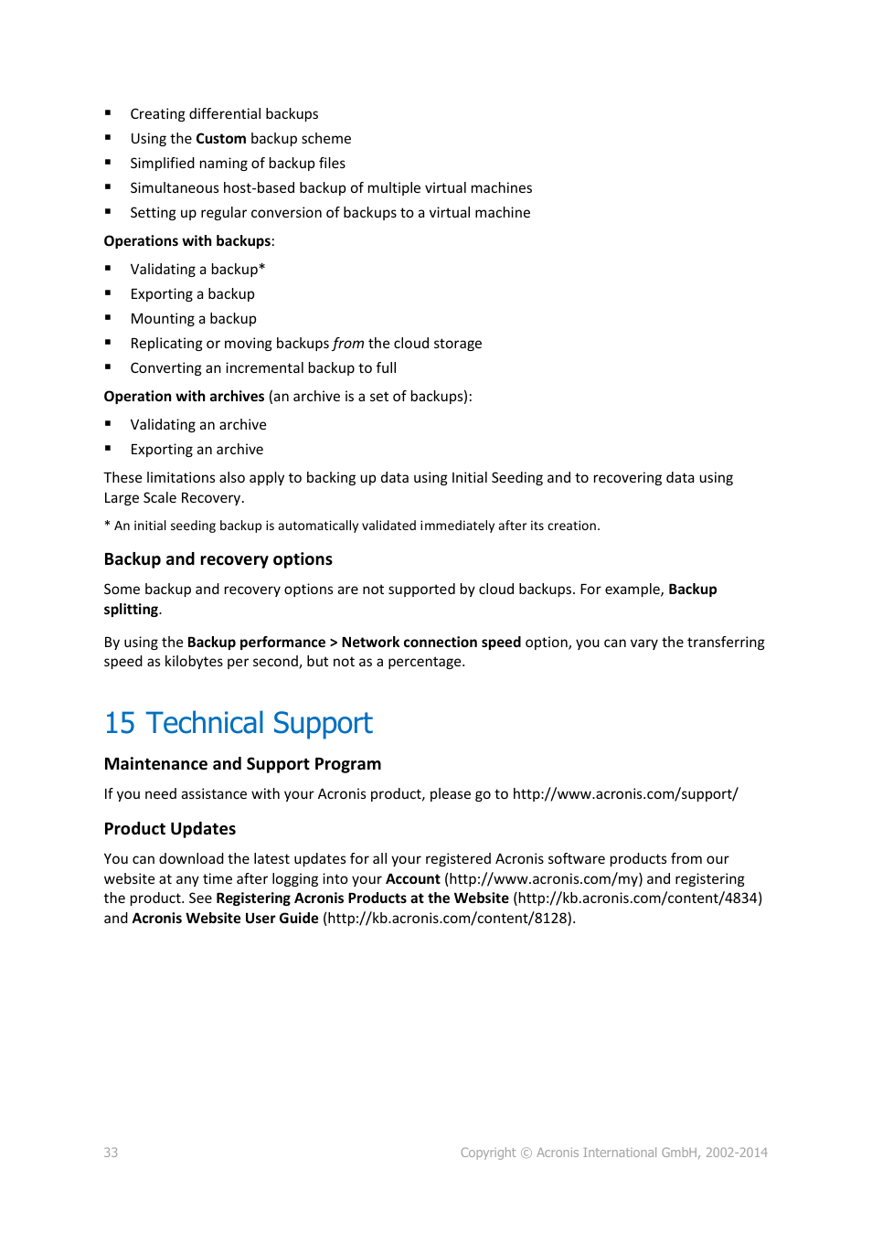 15 technical support, Technical support | Acronis Backup Advanced (Cloud) - User Guide User Manual | Page 33 / 37