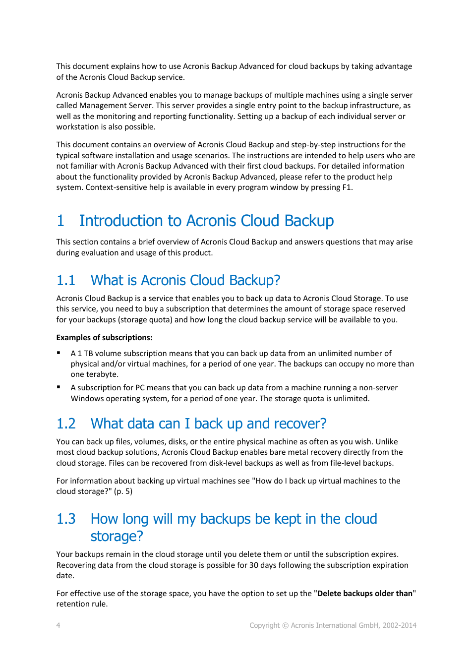 1 introduction to acronis cloud backup, 1 what is acronis cloud backup, 2 what data can i back up and recover | Introduction to acronis cloud backup, What is acronis cloud backup, What data can i back up and recover | Acronis Backup Advanced (Cloud) - User Guide User Manual | Page 4 / 37