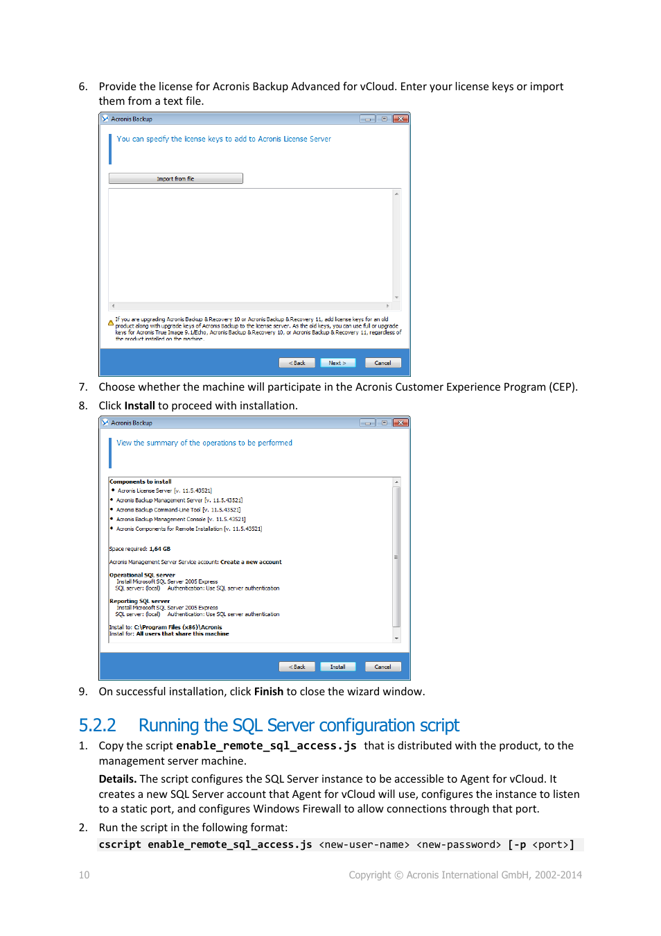 2 running the sql server configuration script, Running the sql server configuration script | Acronis Backup Advanced for vCloud - Quick Start Guide User Manual | Page 10 / 25