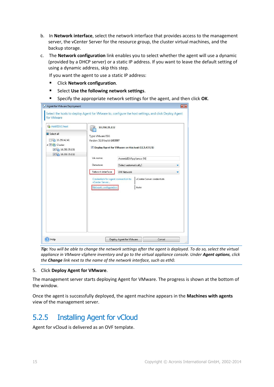 5 installing agent for vcloud, Installing agent for vcloud | Acronis Backup Advanced for vCloud - Quick Start Guide User Manual | Page 15 / 25