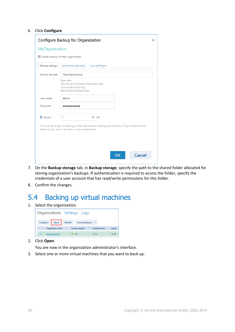 4 backing up virtual machines, Backing up virtual machines | Acronis Backup Advanced for vCloud - Quick Start Guide User Manual | Page 20 / 25