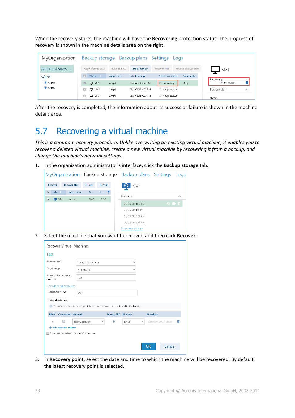 7 recovering a virtual machine, Recovering a virtual machine | Acronis Backup Advanced for vCloud - Quick Start Guide User Manual | Page 23 / 25