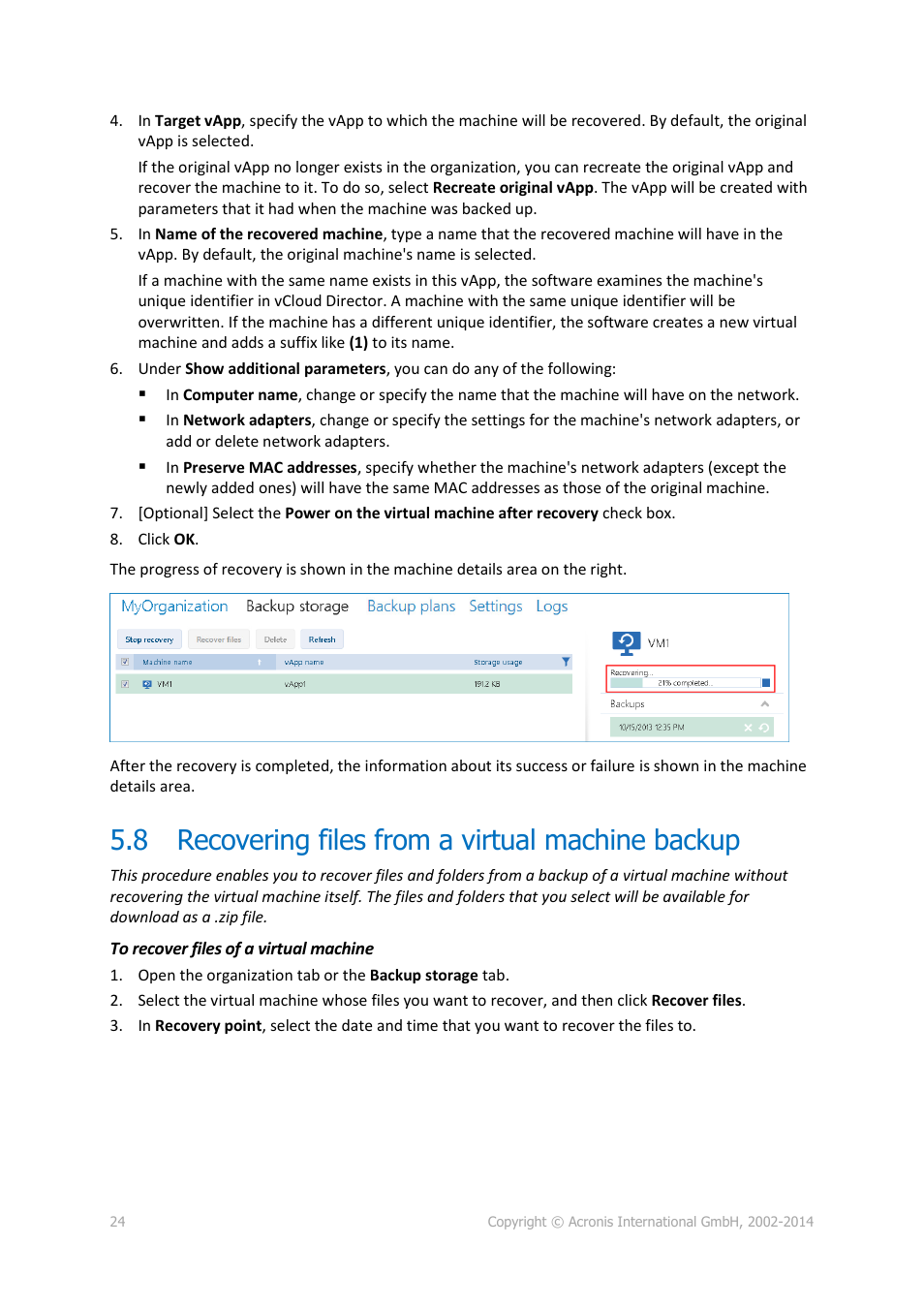 8 recovering files from a virtual machine backup, Recovering files from a virtual machine backup | Acronis Backup Advanced for vCloud - Quick Start Guide User Manual | Page 24 / 25