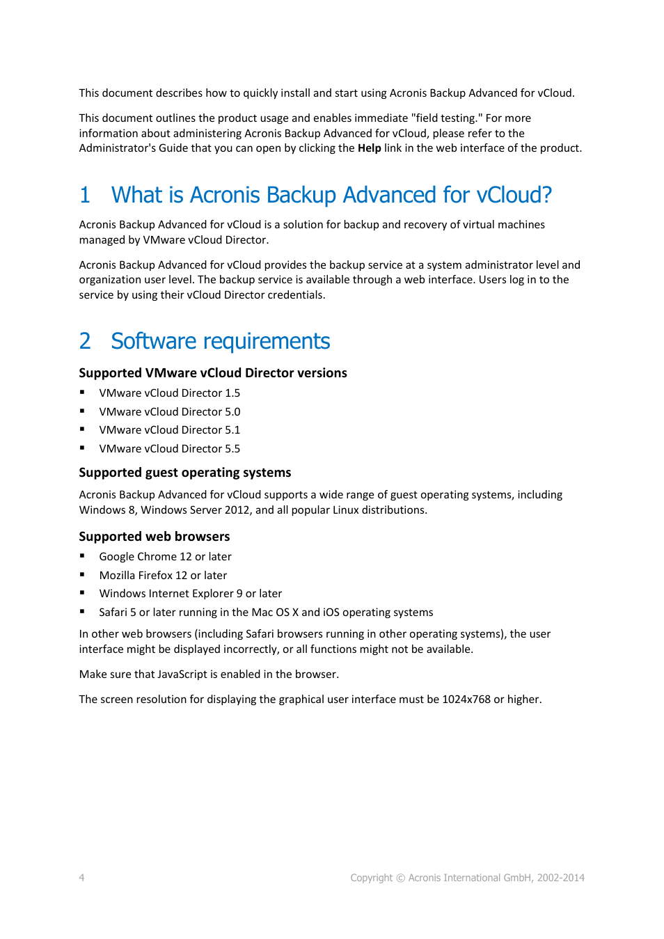 1 what is acronis backup advanced for vcloud, 2 software requirements, What is acronis backup advanced for vcloud | Software requirements | Acronis Backup Advanced for vCloud - Quick Start Guide User Manual | Page 4 / 25
