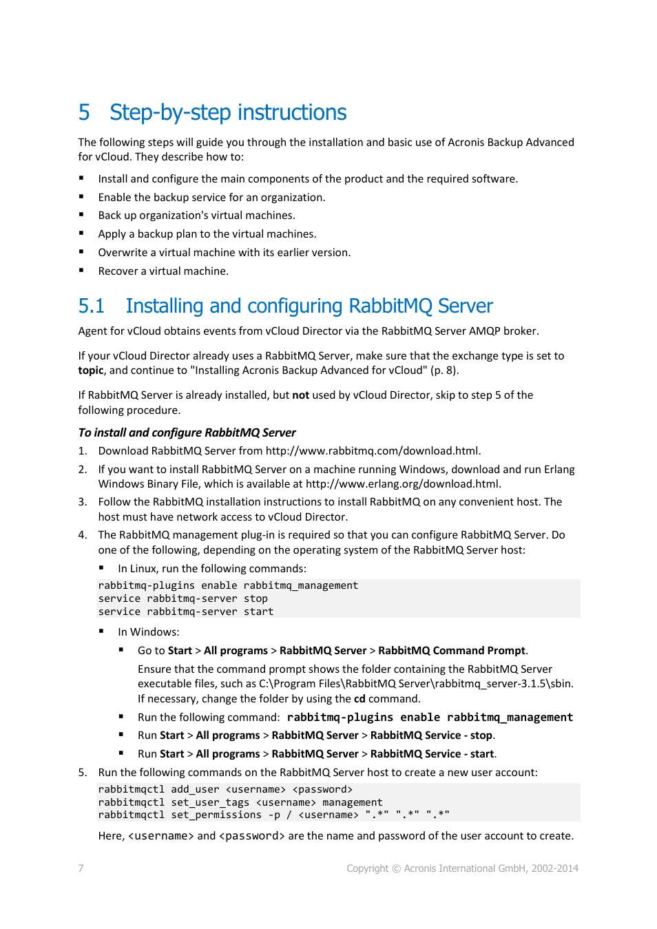 5 step-by-step instructions, 1 installing and configuring rabbitmq server, Step-by-step instructions | Installing and configuring rabbitmq server | Acronis Backup Advanced for vCloud - Quick Start Guide User Manual | Page 7 / 25