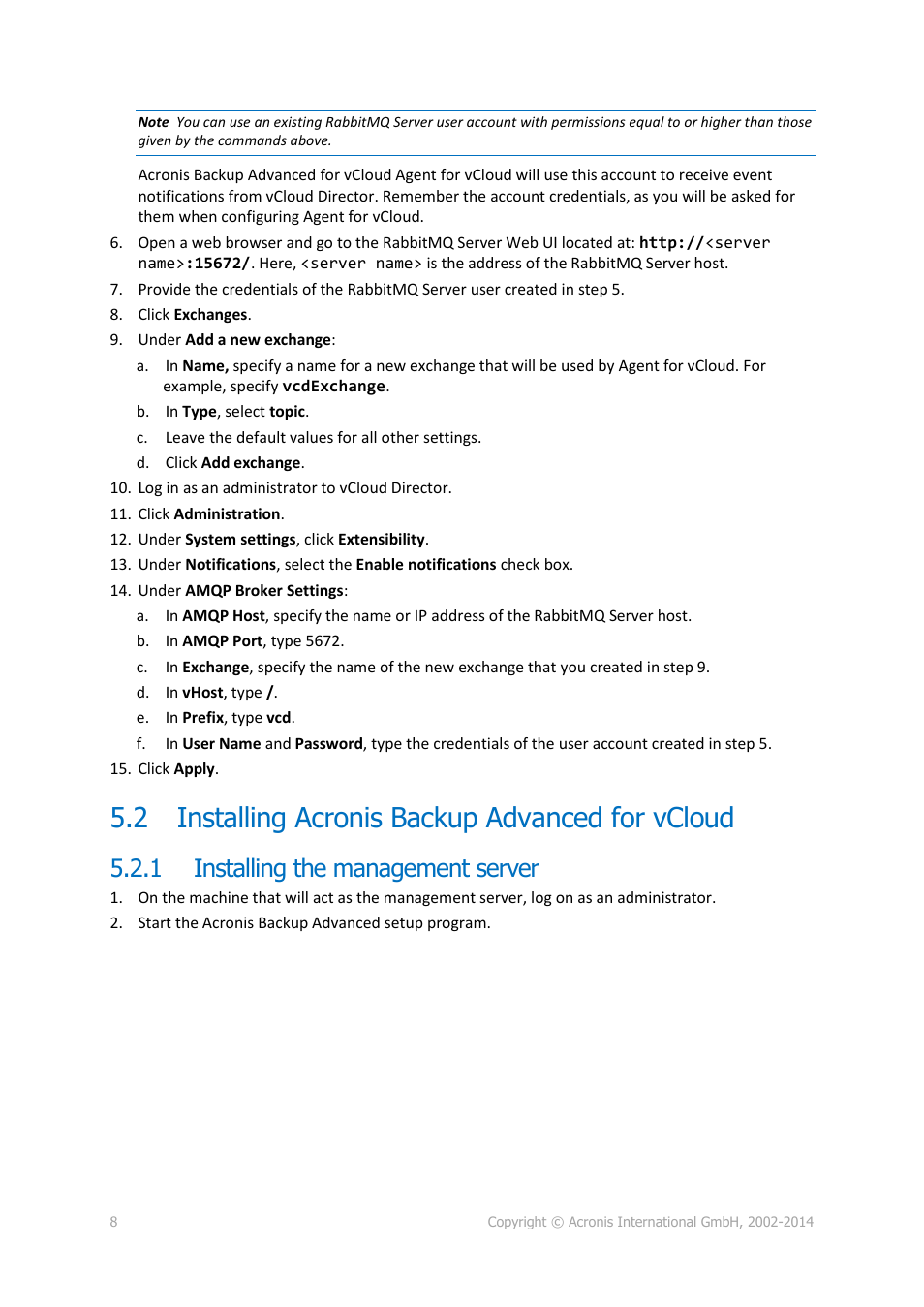 2 installing acronis backup advanced for vcloud, 1 installing the management server, Installing acronis backup advanced for vcloud | Installing the management server | Acronis Backup Advanced for vCloud - Quick Start Guide User Manual | Page 8 / 25