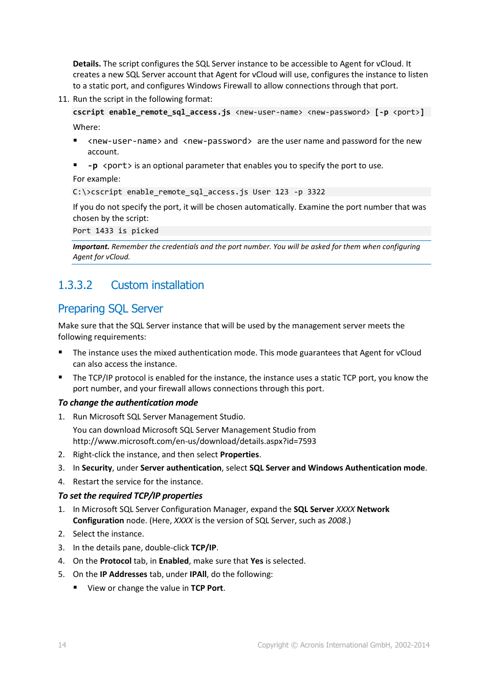 2 custom installation, Preparing sql server, 2 custom installation preparing sql server | Acronis Backup Advanced for vCloud - Administrator's Guide User Manual | Page 14 / 61