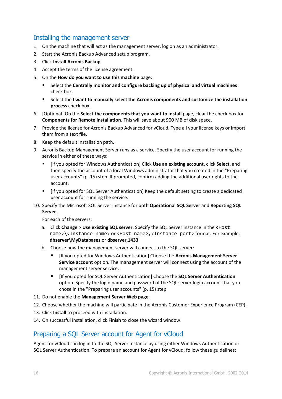 Installing the management server | Acronis Backup Advanced for vCloud - Administrator's Guide User Manual | Page 16 / 61