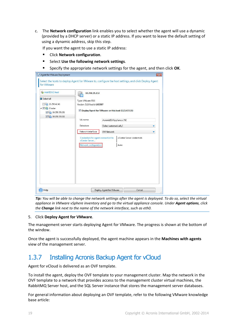 7 installing acronis backup agent for vcloud, Installing acronis backup agent for vcloud | Acronis Backup Advanced for vCloud - Administrator's Guide User Manual | Page 19 / 61