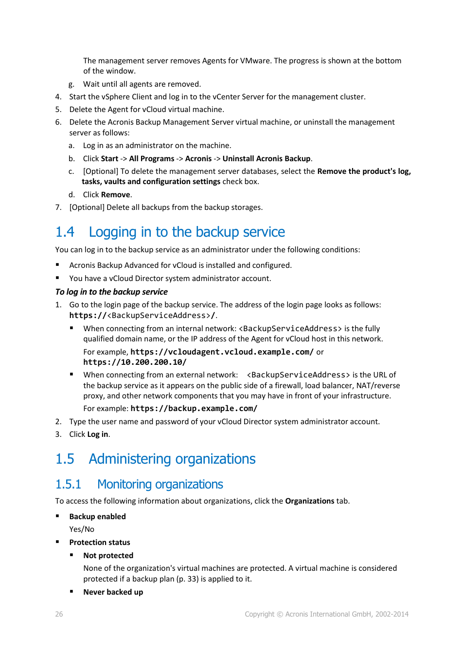 4 logging in to the backup service, 5 administering organizations, 1 monitoring organizations | Logging in to the backup service, Administering organizations, Monitoring organizations, P. 26) | Acronis Backup Advanced for vCloud - Administrator's Guide User Manual | Page 26 / 61