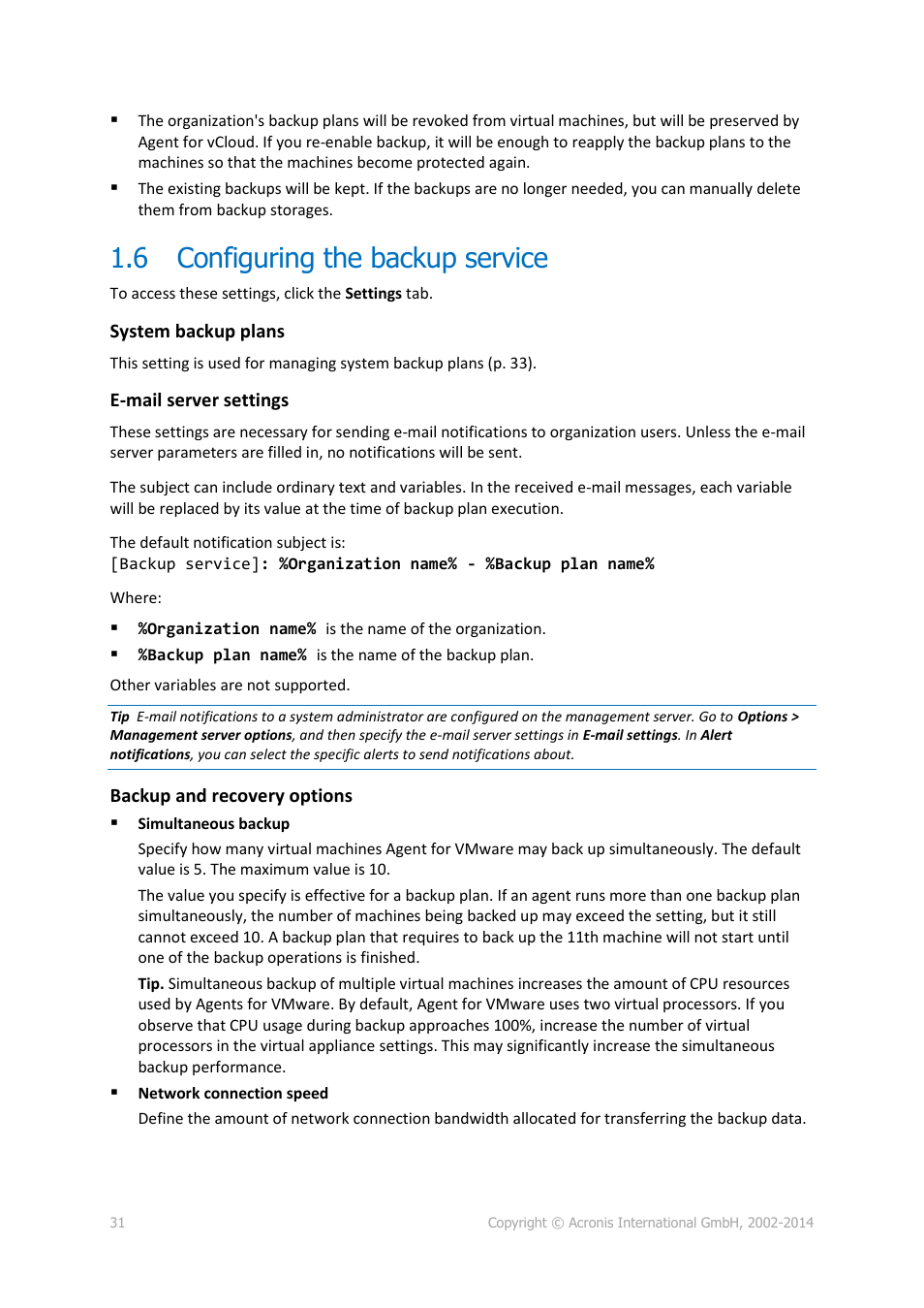 6 configuring the backup service, Configuring the backup service | Acronis Backup Advanced for vCloud - Administrator's Guide User Manual | Page 31 / 61