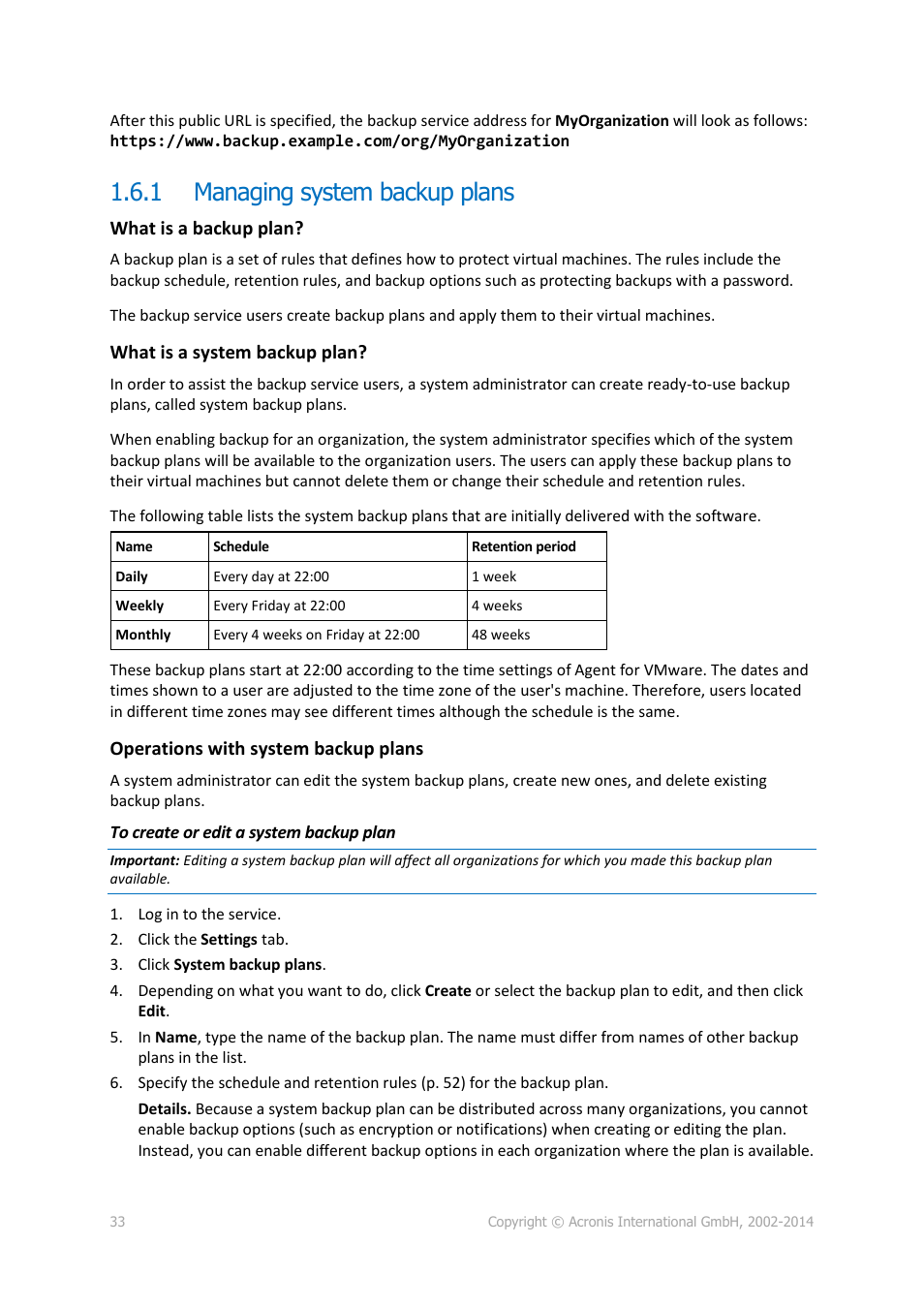 1 managing system backup plans, Managing system backup plans, What is a backup plan | What is a system backup plan, Operations with system backup plans | Acronis Backup Advanced for vCloud - Administrator's Guide User Manual | Page 33 / 61