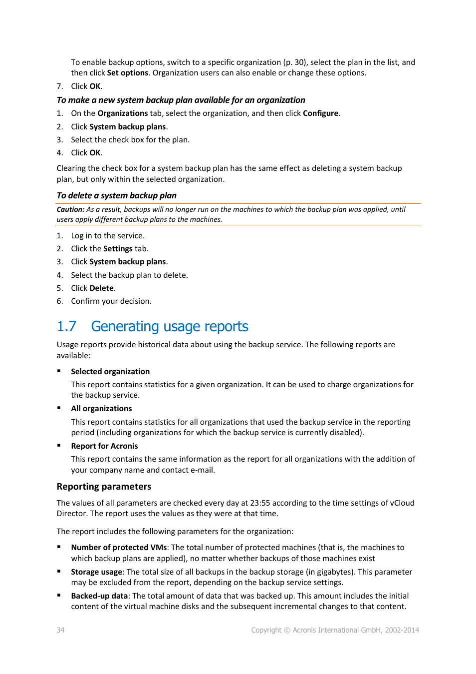 7 generating usage reports, Generating usage reports | Acronis Backup Advanced for vCloud - Administrator's Guide User Manual | Page 34 / 61