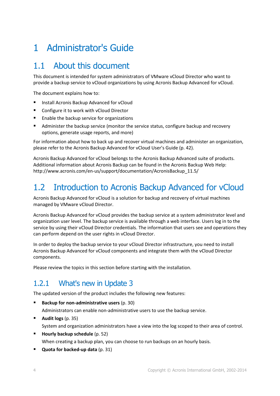 1 administrator's guide, 1 about this document, 1 what's new in update 3 | Administrator's guide, About this document, Introduction to acronis backup advanced for vcloud, What's new in update 3 | Acronis Backup Advanced for vCloud - Administrator's Guide User Manual | Page 4 / 61