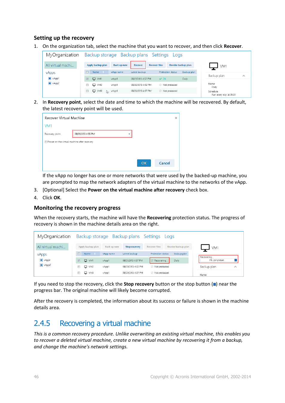 5 recovering a virtual machine, Recovering a virtual machine, P. 46) | Acronis Backup Advanced for vCloud - Administrator's Guide User Manual | Page 46 / 61