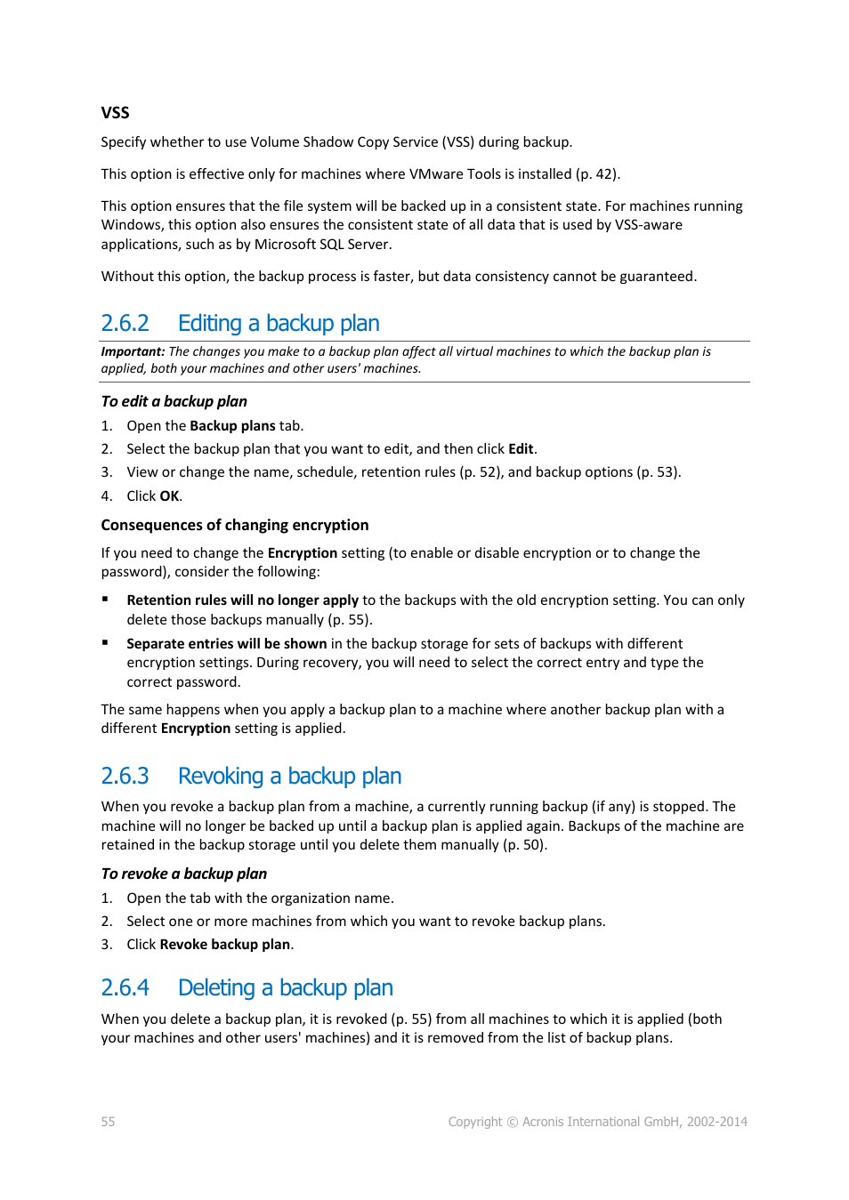 2 editing a backup plan, 3 revoking a backup plan, 4 deleting a backup plan | Editing a backup plan, Revoking a backup plan, Deleting a backup plan | Acronis Backup Advanced for vCloud - Administrator's Guide User Manual | Page 55 / 61