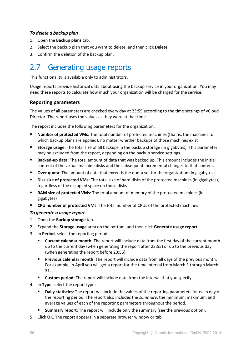 7 generating usage reports, Generating usage reports | Acronis Backup Advanced for vCloud - Administrator's Guide User Manual | Page 56 / 61