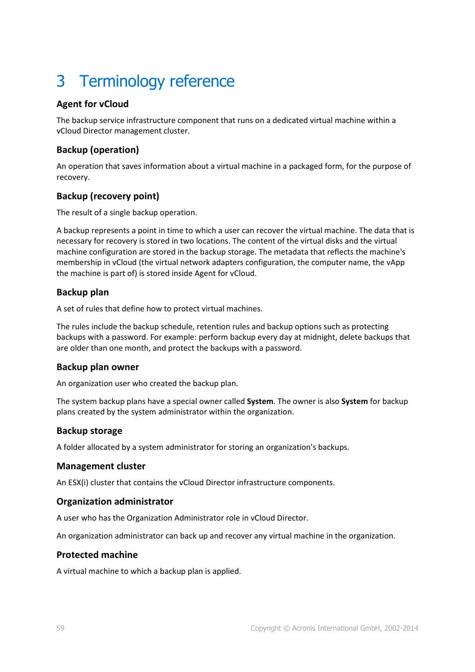 3 terminology reference, Terminology reference | Acronis Backup Advanced for vCloud - Administrator's Guide User Manual | Page 59 / 61