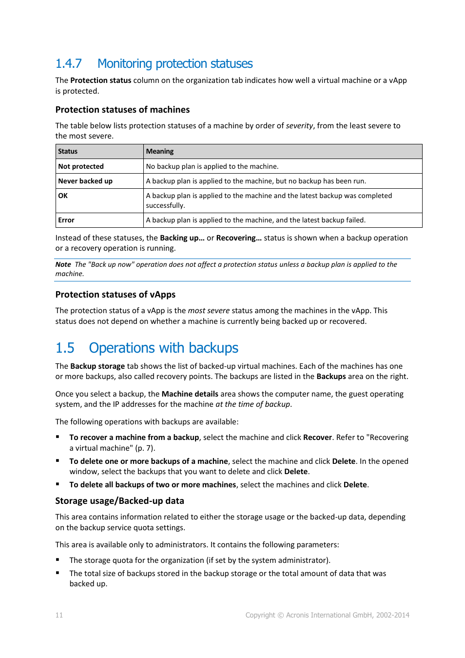 7 monitoring protection statuses, 5 operations with backups, Monitoring protection statuses | Operations with backups | Acronis Backup Advanced for vCloud - User Guide User Manual | Page 11 / 21