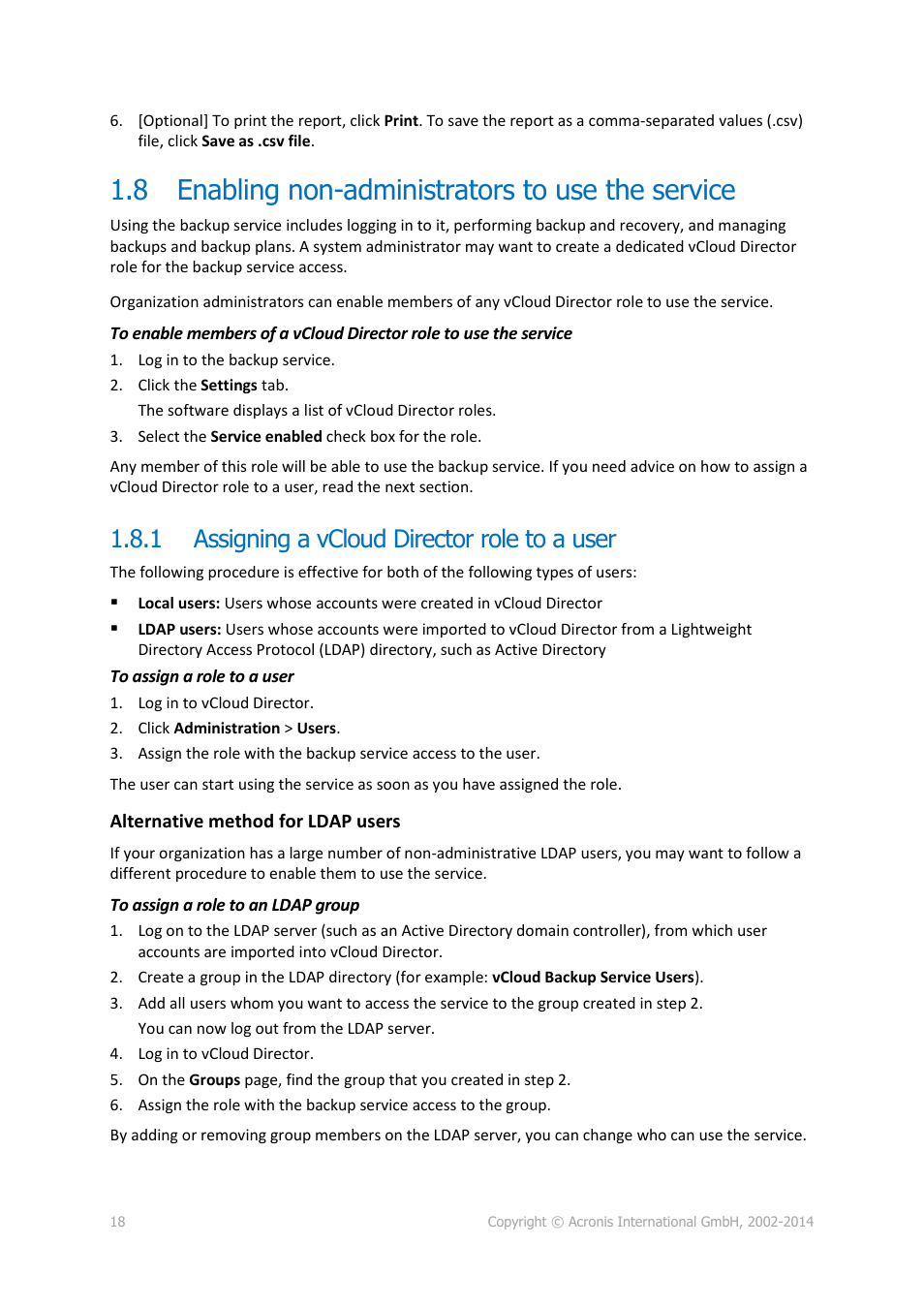 8 enabling non-administrators to use the service, 1 assigning a vcloud director role to a user, Enabling non-administrators to use the service | Assigning a vcloud director role to a user | Acronis Backup Advanced for vCloud - User Guide User Manual | Page 18 / 21