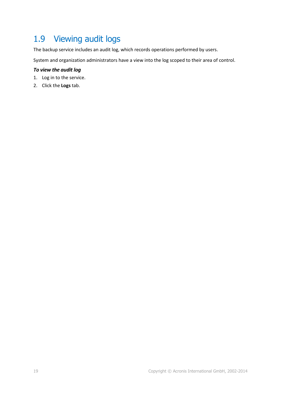 9 viewing audit logs, Viewing audit logs | Acronis Backup Advanced for vCloud - User Guide User Manual | Page 19 / 21