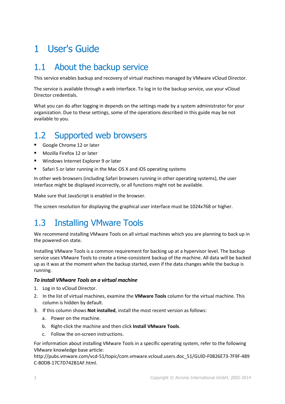 1 user's guide, 1 about the backup service, 2 supported web browsers | 3 installing vmware tools, User's guide, About the backup service, Supported web browsers, Installing vmware tools | Acronis Backup Advanced for vCloud - User Guide User Manual | Page 3 / 21