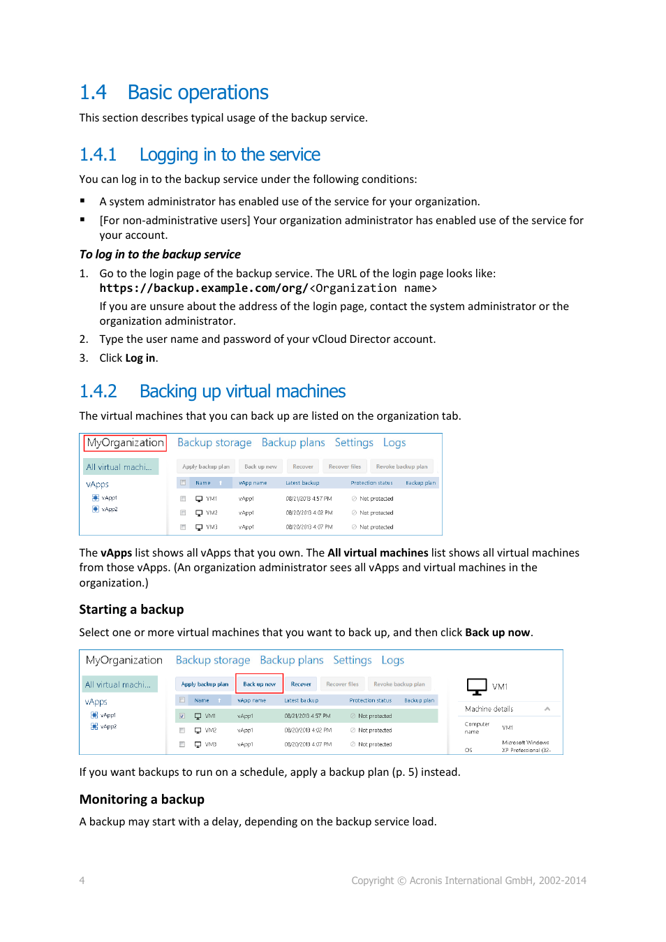 4 basic operations, 1 logging in to the service, 2 backing up virtual machines | Basic operations, Logging in to the service, Backing up virtual machines | Acronis Backup Advanced for vCloud - User Guide User Manual | Page 4 / 21