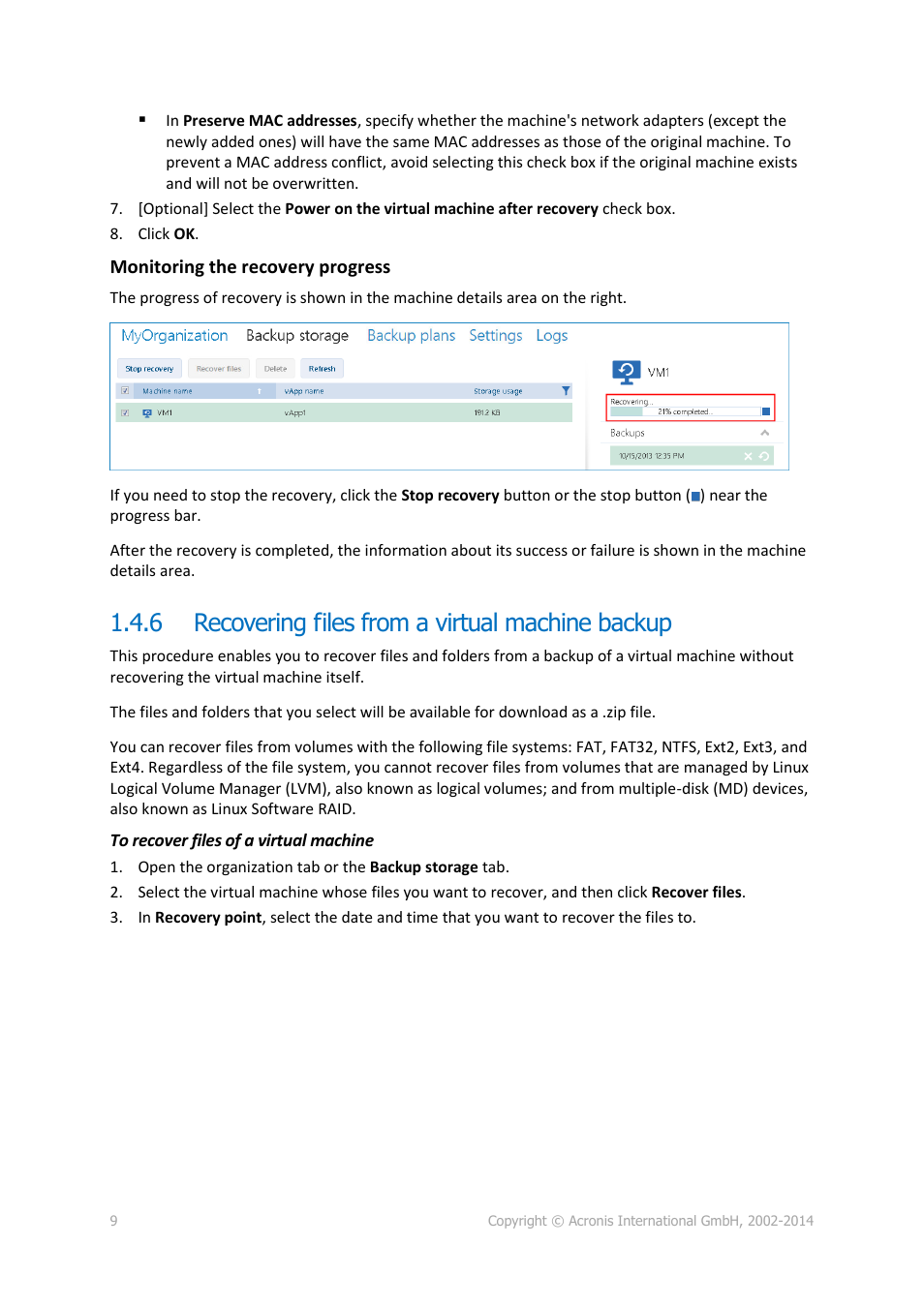 6 recovering files from a virtual machine backup, Recovering files from a virtual machine backup | Acronis Backup Advanced for vCloud - User Guide User Manual | Page 9 / 21