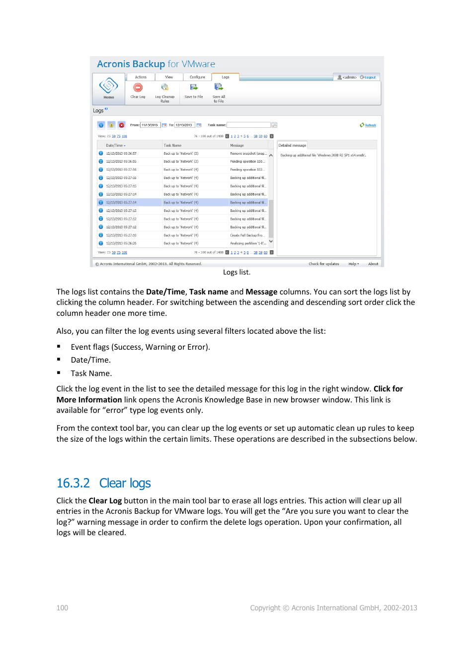 2 clear logs | Acronis Backup for VMware 9 - User Guide User Manual | Page 100 / 127