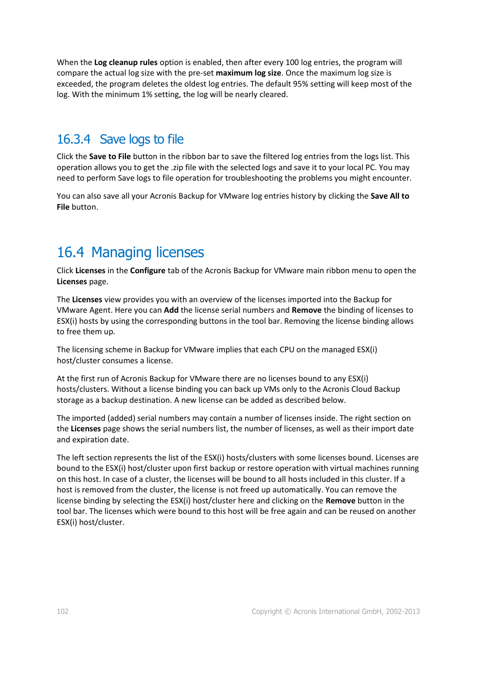 4 save logs to file, 4 managing licenses, Managing licenses | P. 102) | Acronis Backup for VMware 9 - User Guide User Manual | Page 102 / 127